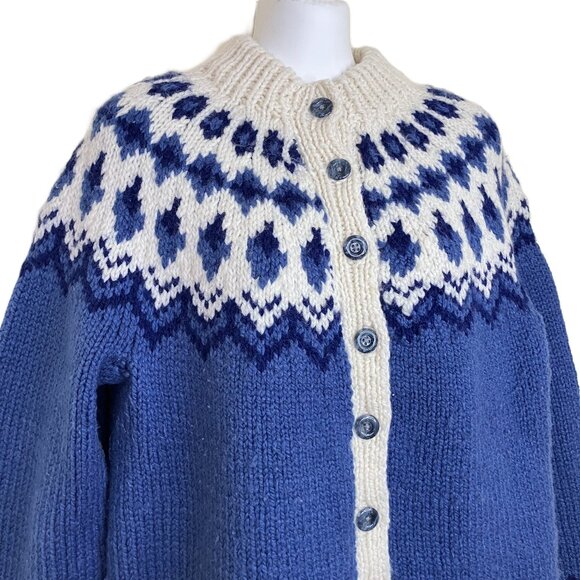 Vintage Hand Knit Fair Isle Cardigan Sweater Blue/Cream Acrylic Women's Medium - Picture 2 of 6